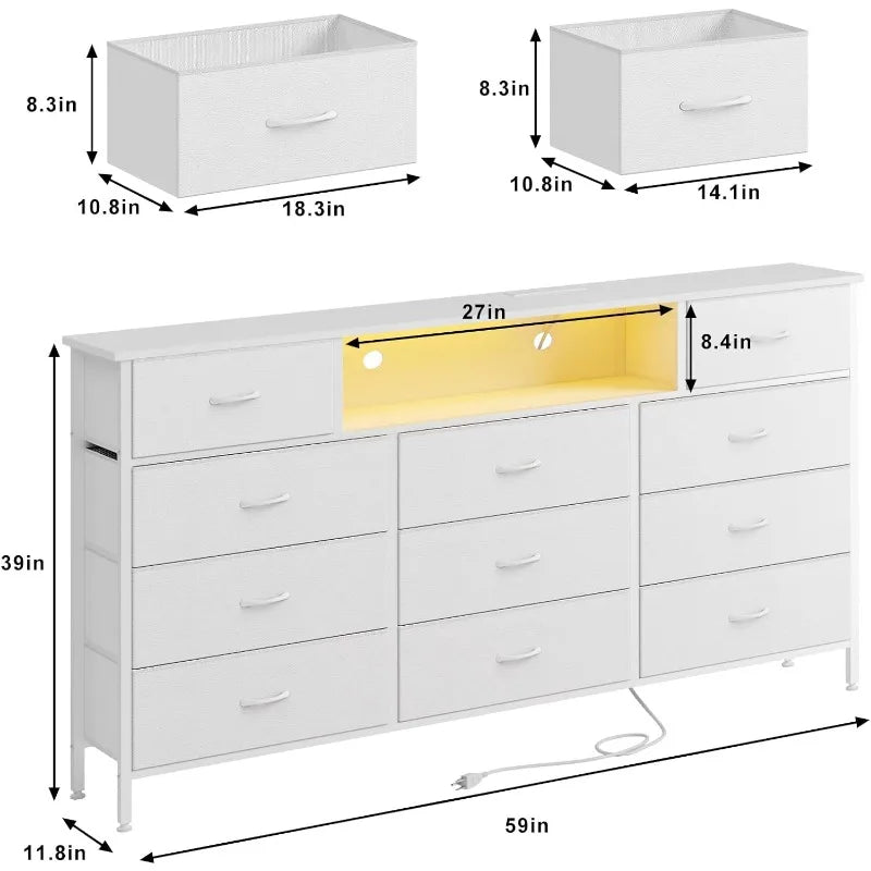 White Dresser TV Stand with 11 Drawers and Charging Station