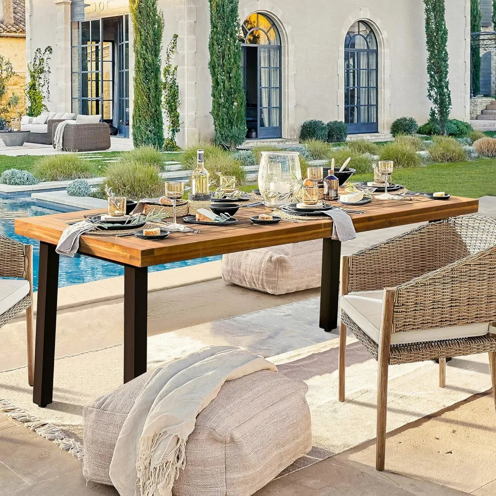 Acacia Wood Dining Table 6-Person Indoor Outdoor Tables with Iron Legs, Sandblast Finish, Natural Stained, Dining Table