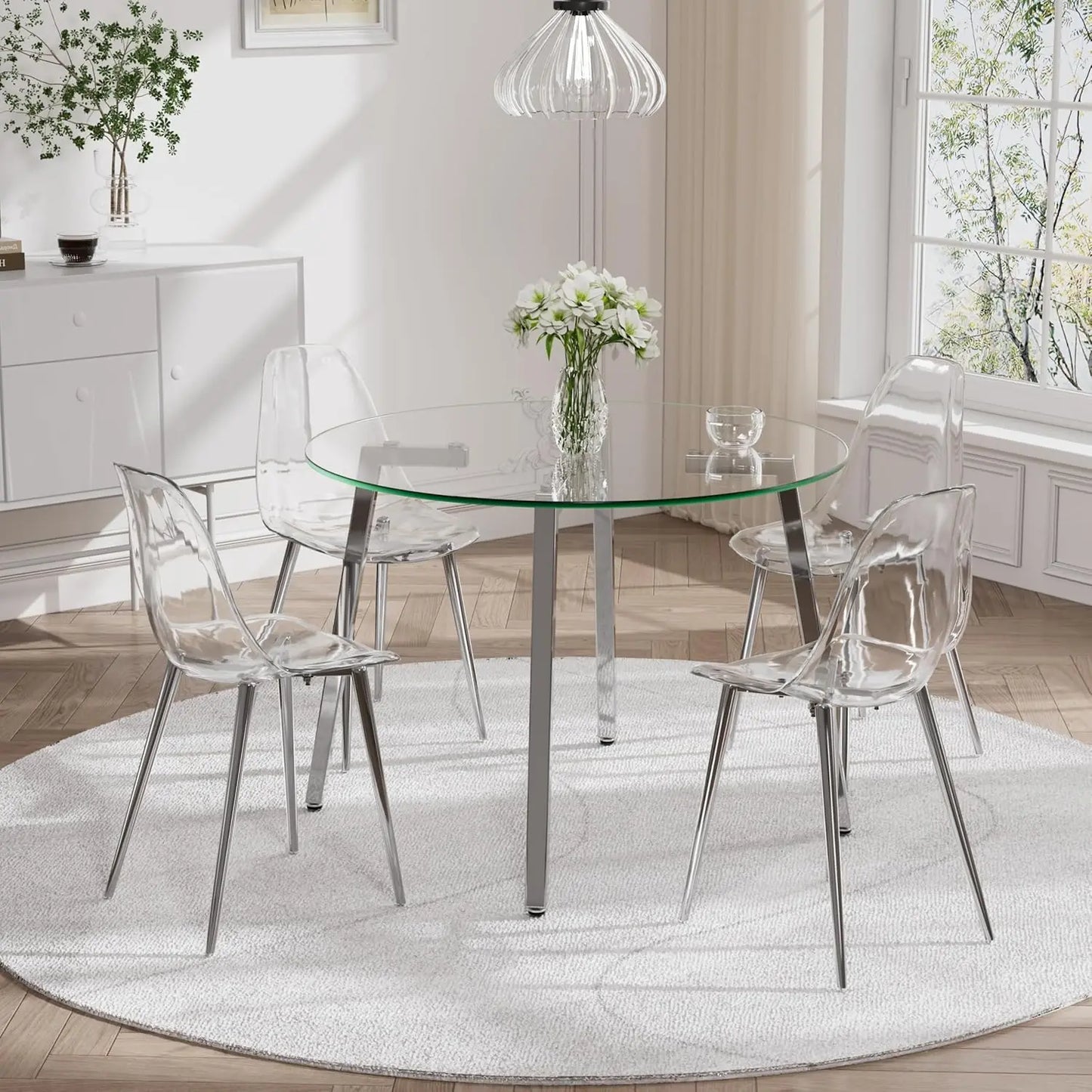 42'' Clear Round Glass Dining Table Set for 4, 5 Piece Circle Dinner Table Set, Modern Circular Kitchen and Chairs Set, Minimali