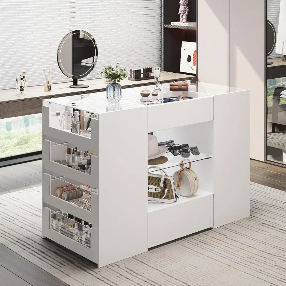 Glass Display Shelf & 12 Drawers, White Dresser with Glass Top