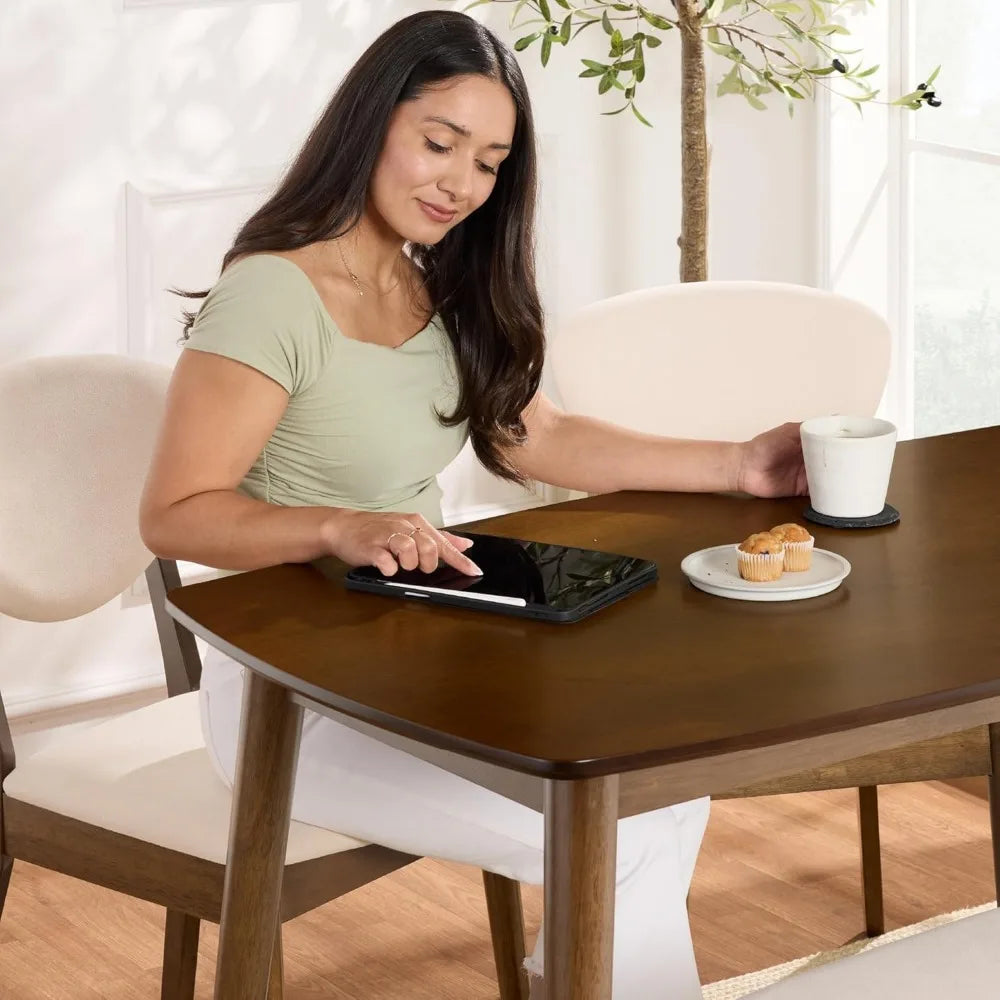 Mid-Century Modern Wood Dining Kitchen Table & Chair Best Choice Products 4-Piece Set w/ 2 Upholstered Chairs, Bench Seat -Brown