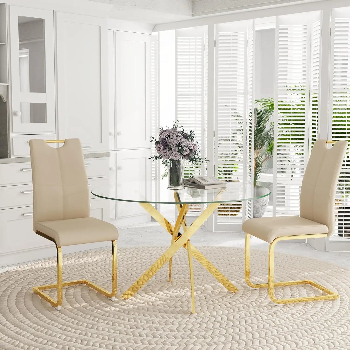 5-Piece Round Dining Table Set for 4, 47" Small Circle Tempered Glass Kitchen Table Set with Chrome Silver Leg, Upholstered