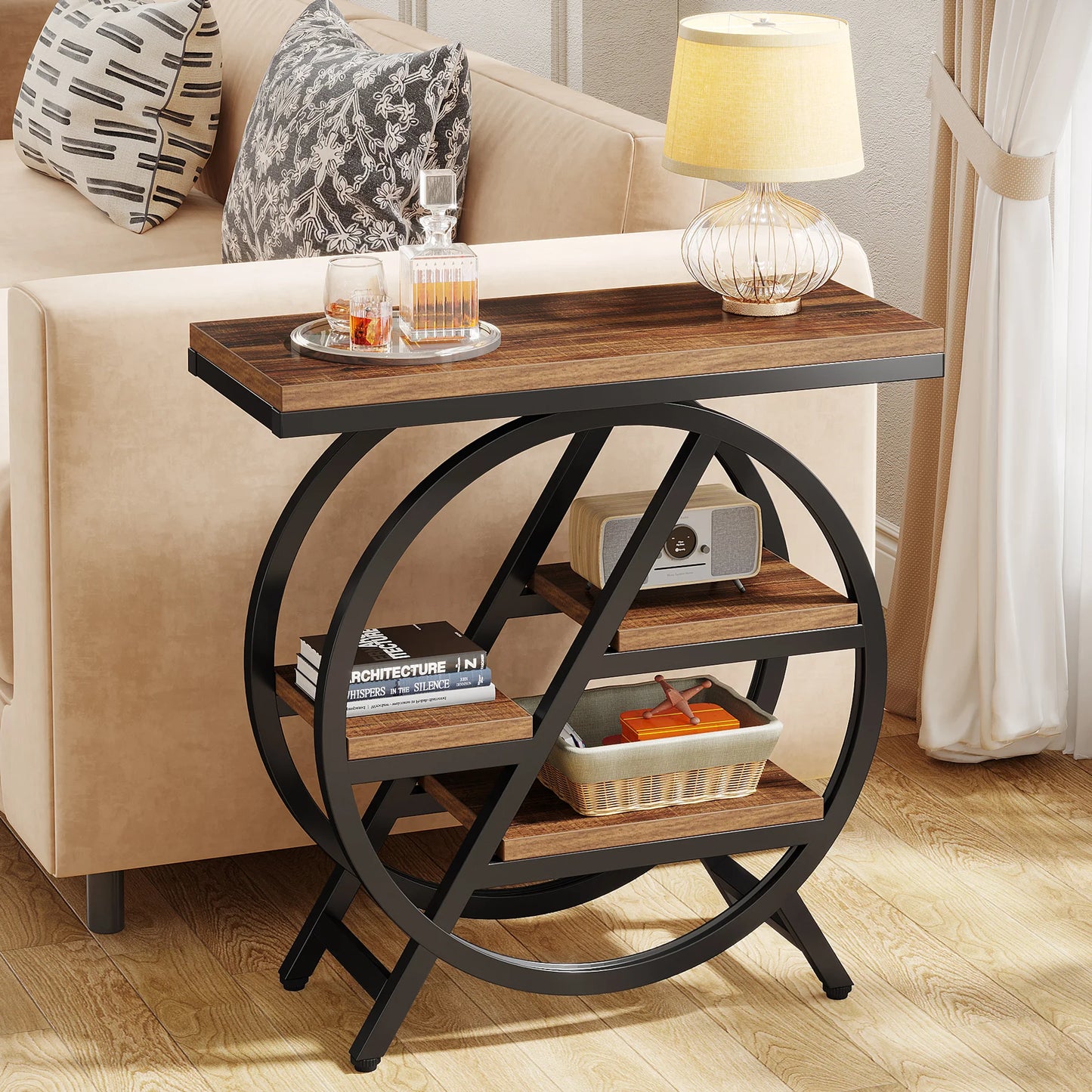 Tribesigns End Table, Narrow End Table with 3 Storage Shelves, Wooden Side Table, Industrial Small Sofa Side Table