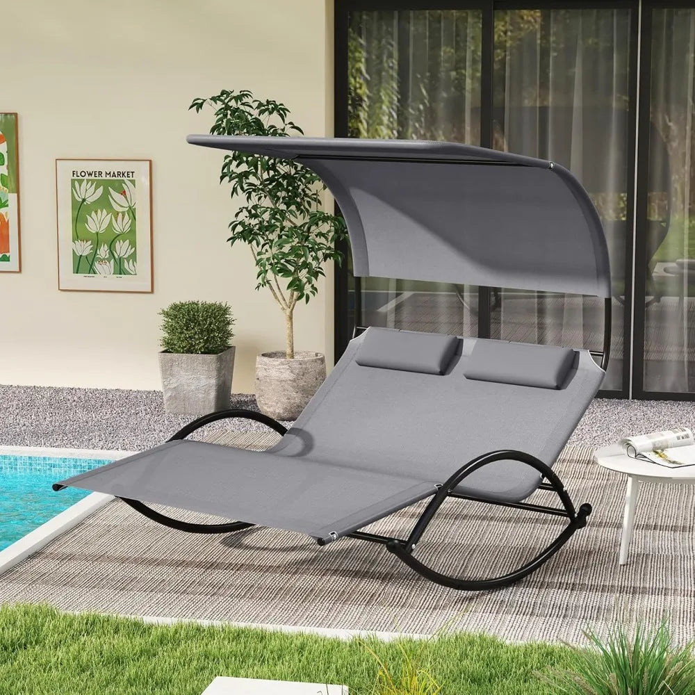 Outdoor Chaise Lounge Rocker, 2-Person Rocking Daybed Sun Lounger