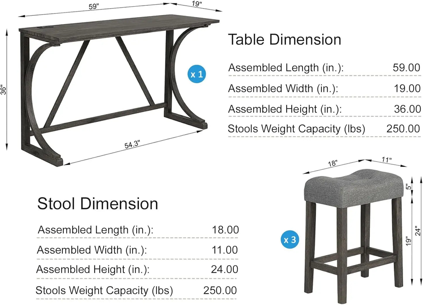 Dining Bar Table and Chairs with Power Outlet, 4 Piece Bar Table Set with Chairs, Sofa Bar Table with 3 Padded Stools