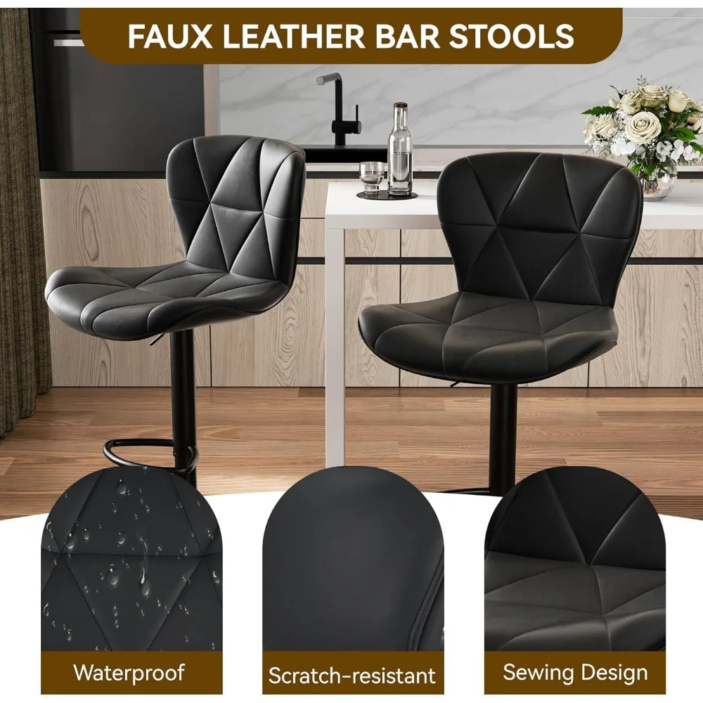 Modern Bar Stools Set of 2, Adjustable Faux Leather Upholstered
