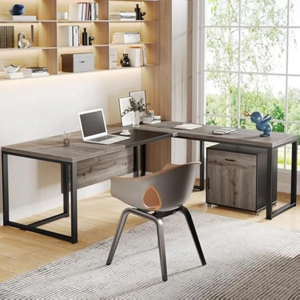70.8" L-Shaped Executive Desk with Drawer Cabinet