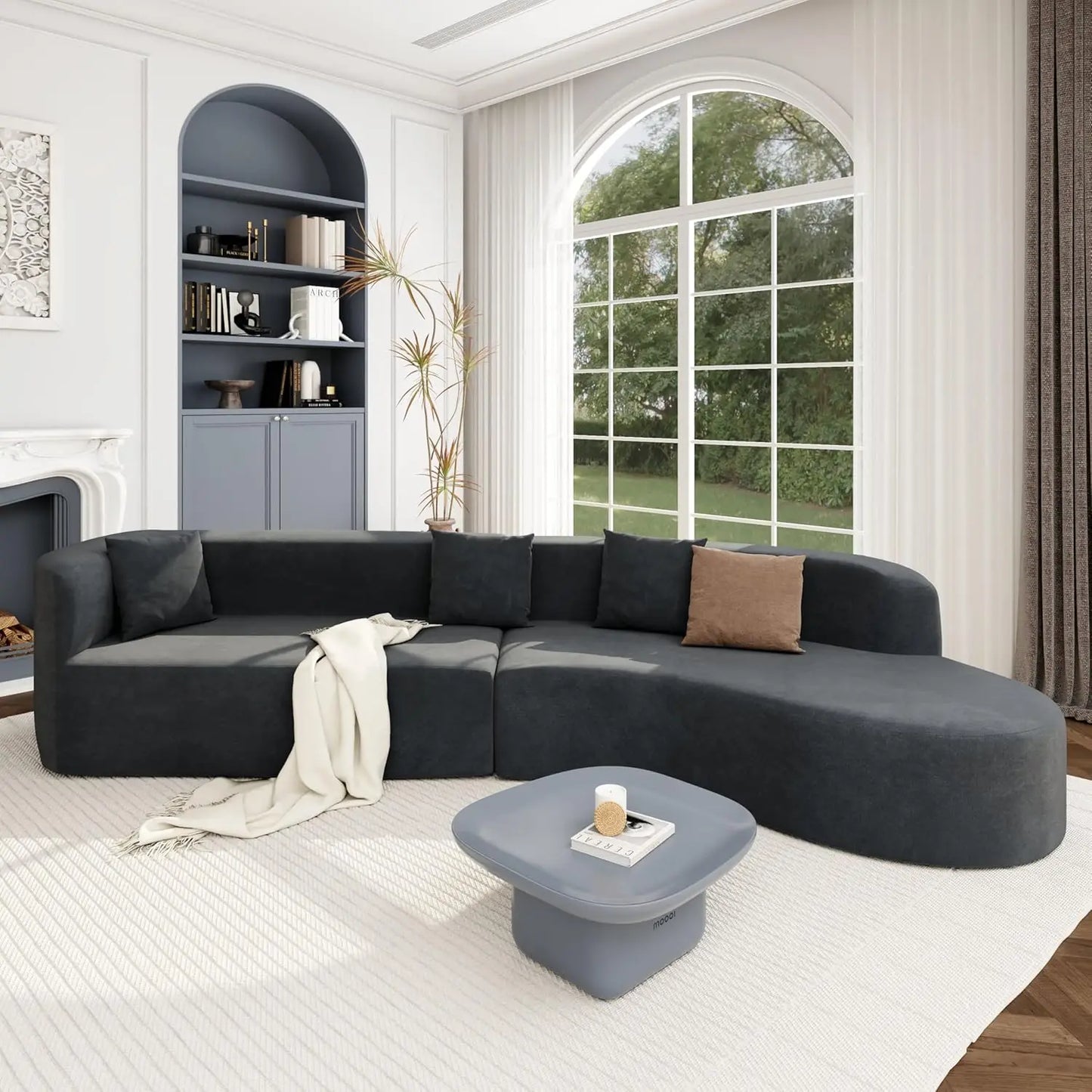 Curved Sofa, Comfy Fabric Upholstered Minimalist with 3 Pillows