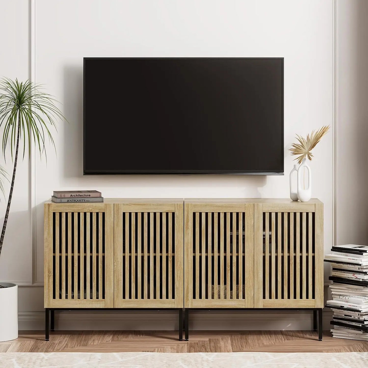 2 in 1 TV Stand with 4 Doors, Oak Sideboard, Metal Base