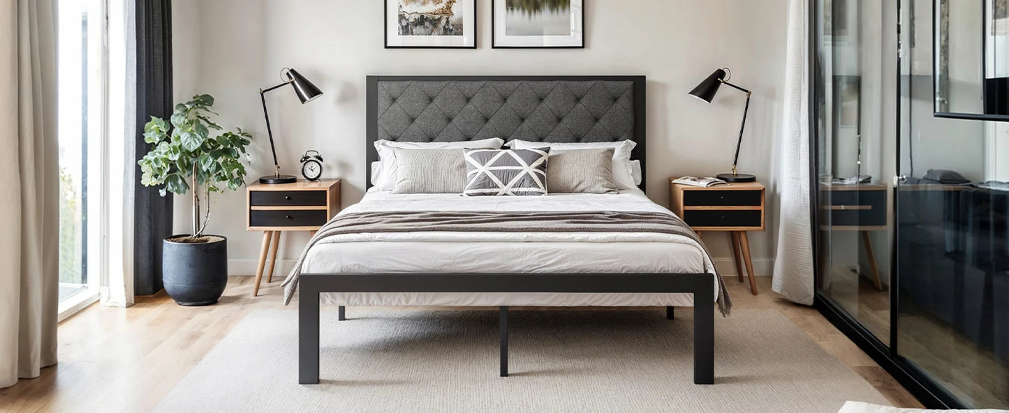 Bed Frame with Upholstered Finely Stitched Headboard - Queen, King, Full and Twin Sizes