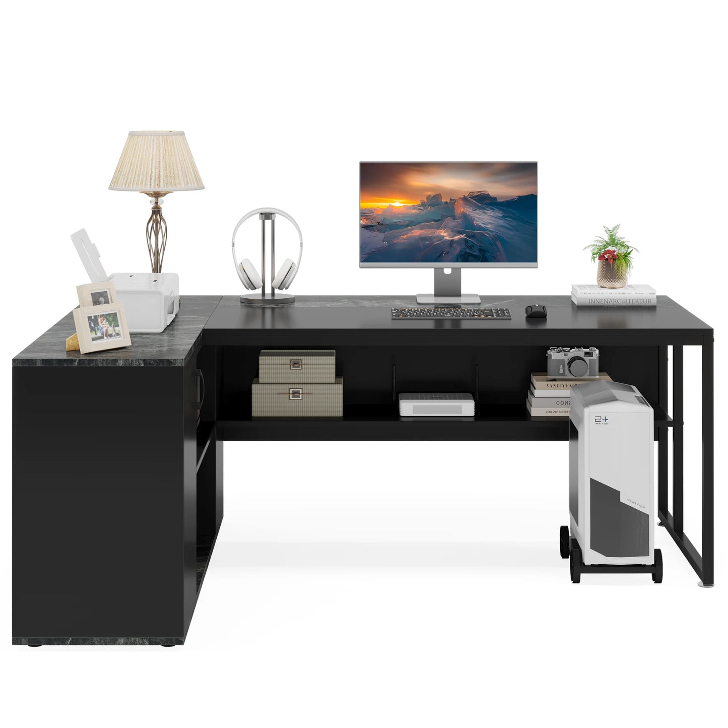 71 inch Executive Desk, L Shaped with Cabinet Storage