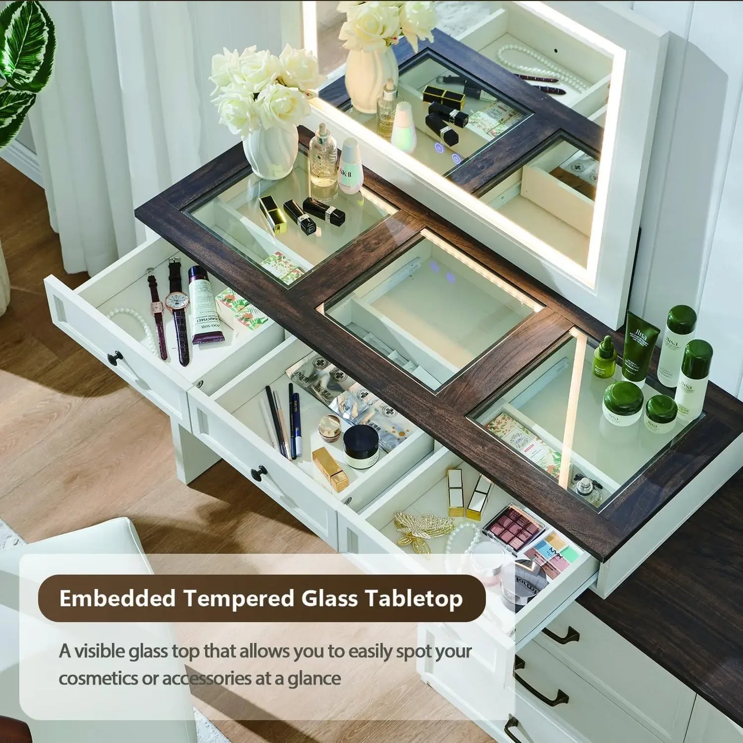 Vanity Desk with Glass Top, Dresser with 9 Storage Drawers