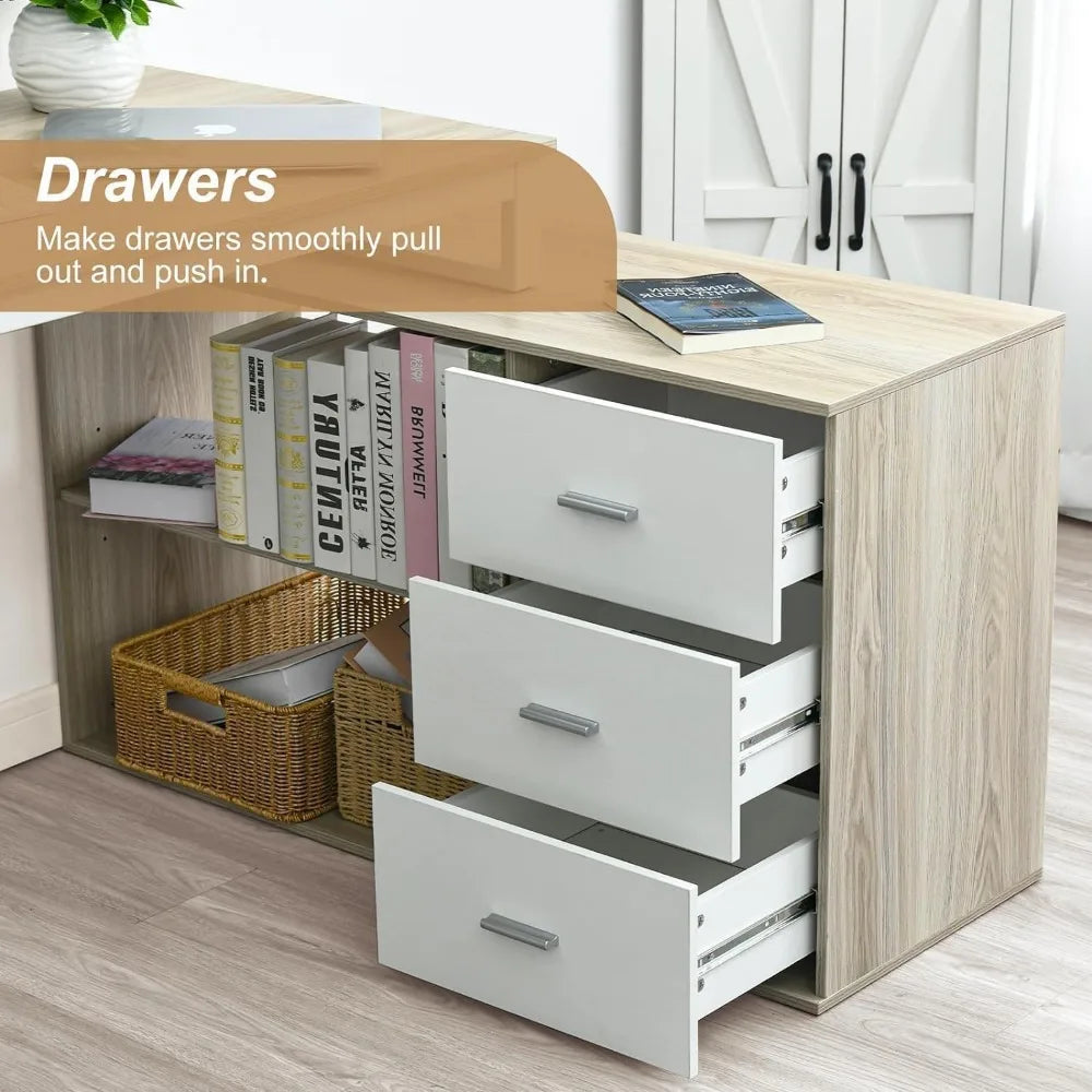 Desk with Drawers, 55 Inch L Shaped, Removable Monitor Stand