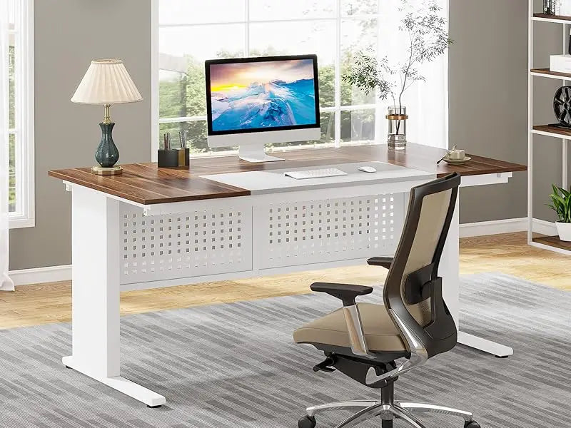 63 Inch L shaped Desk - File Cabinet, Drawers and Shelves
