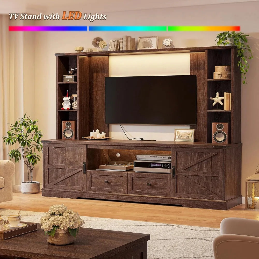 Wall TV Stand with 2 Doors, with LED & Power Outlets