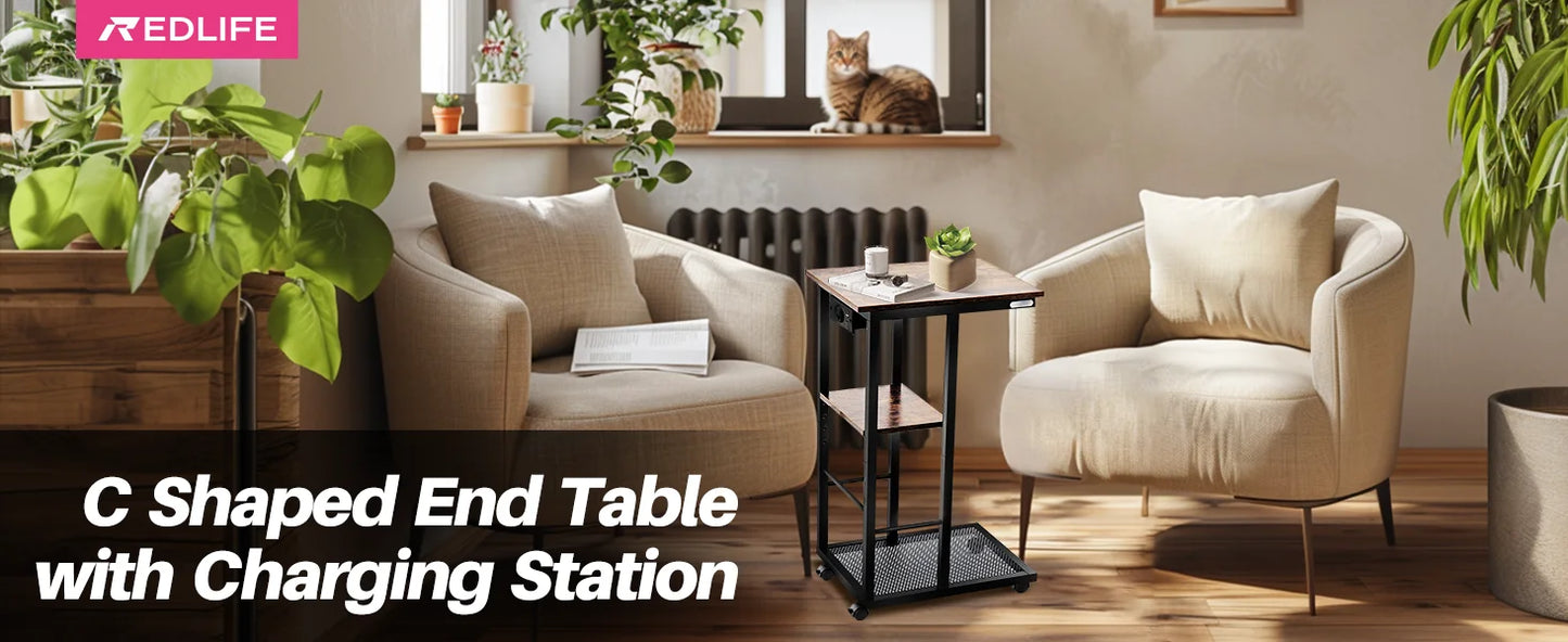 Redlife C Shaped End Table w/ Charging Station Side Table for Couch Sofa Table w/ Storage Shelf & Rolling Wheels for Small Space