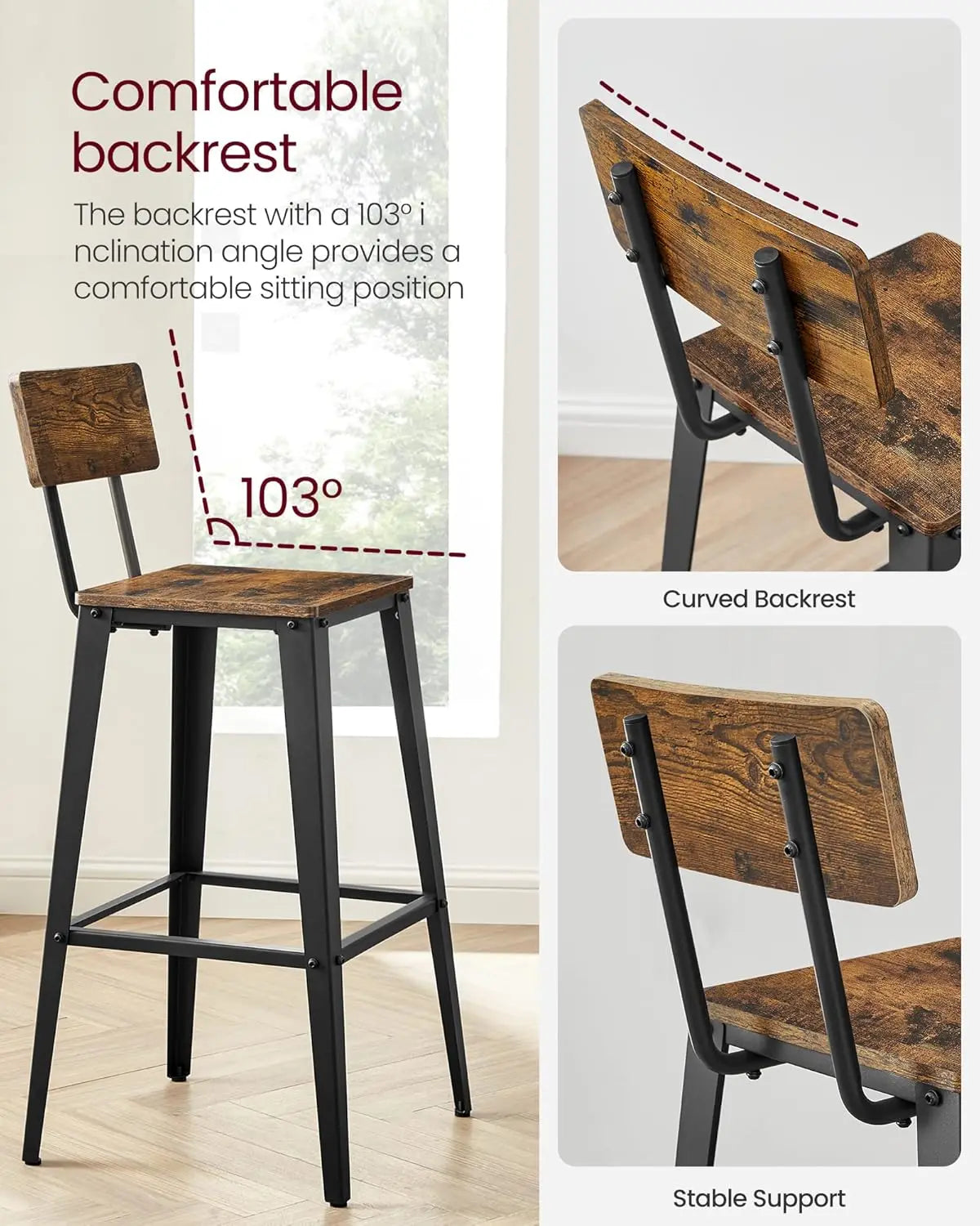 Set of 2 Bar Stools, 29.1 Inches Tall with Back