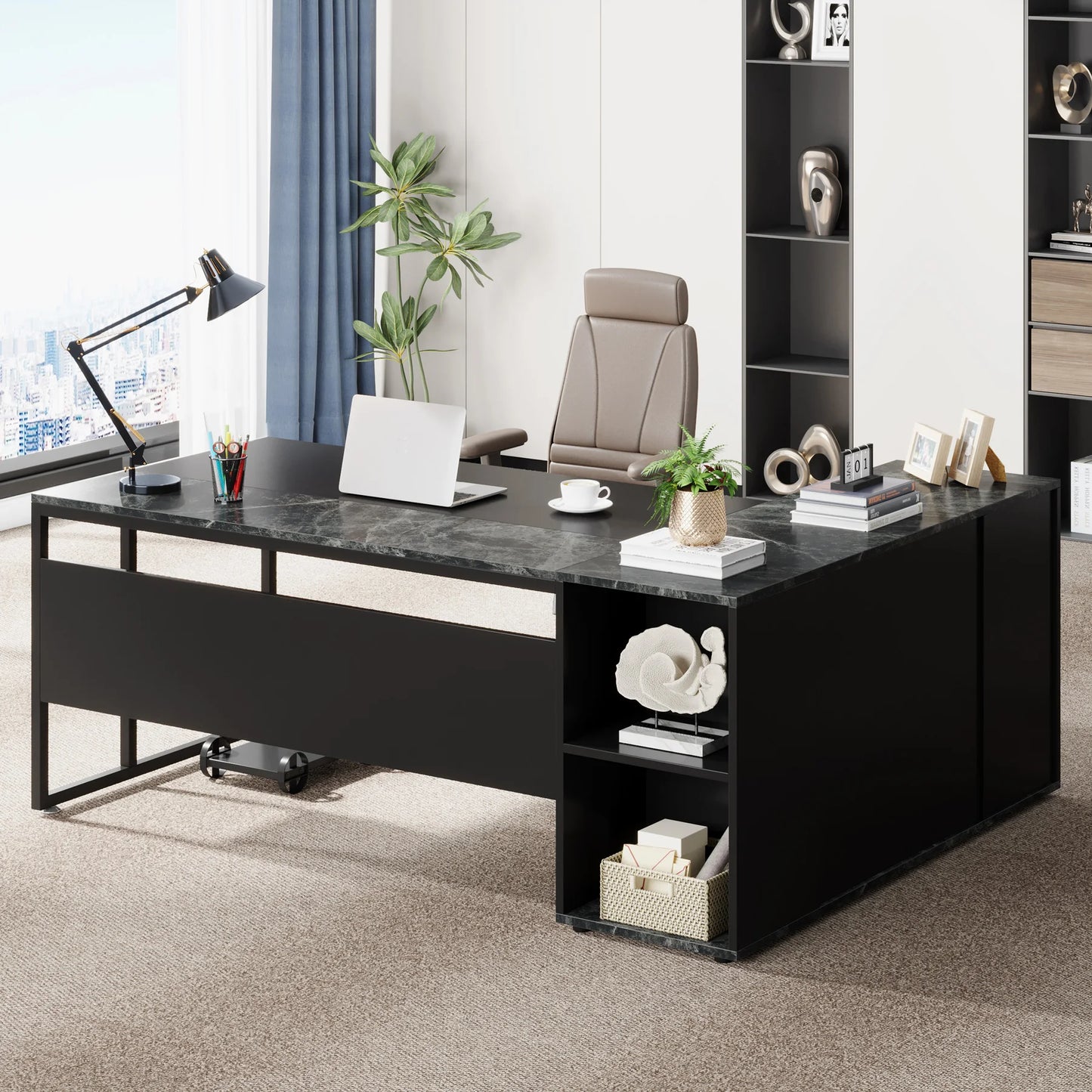71 inch Executive Desk, L Shaped with Cabinet Storage