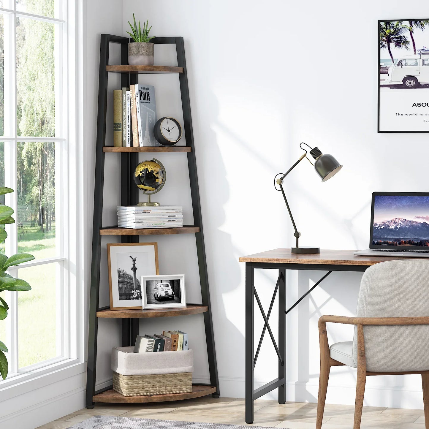 Corner Bookcase, Bookshelf with Rack Wood