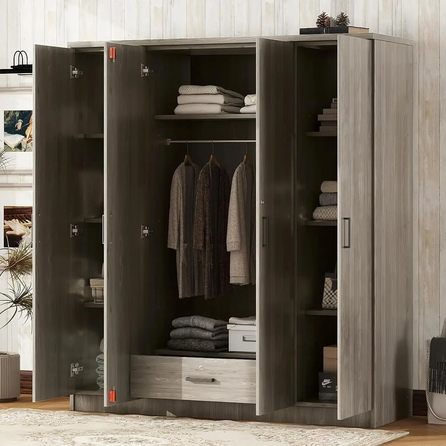 4-Door Wardrobe with Drawers, Shelves and Hanging Rail