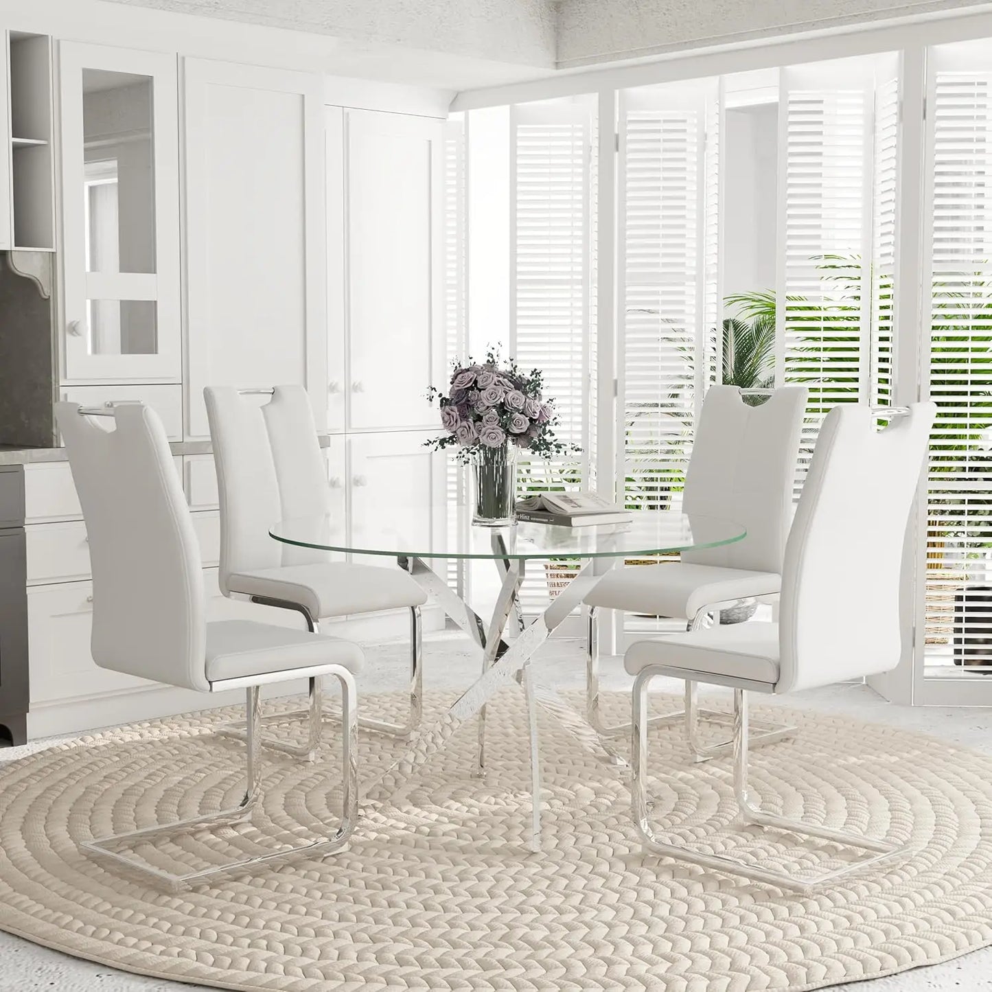 5-Piece Round Dining Table Set for 4, 47" Small Circle Tempered Glass Kitchen Table Set with Chrome Silver Leg, Upholstered