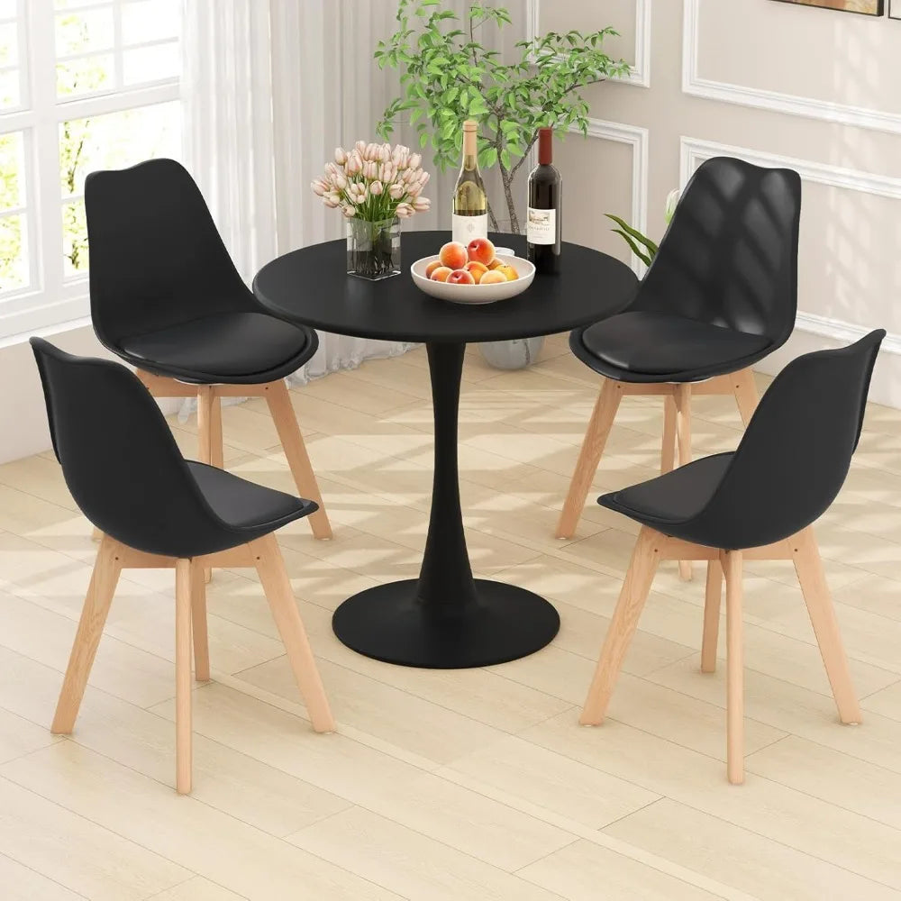 Round Dining Table Set for 4, Kitchen Table Set with Padded Seat & Solid Wood Legs, Round Kitchen Table and Chairs