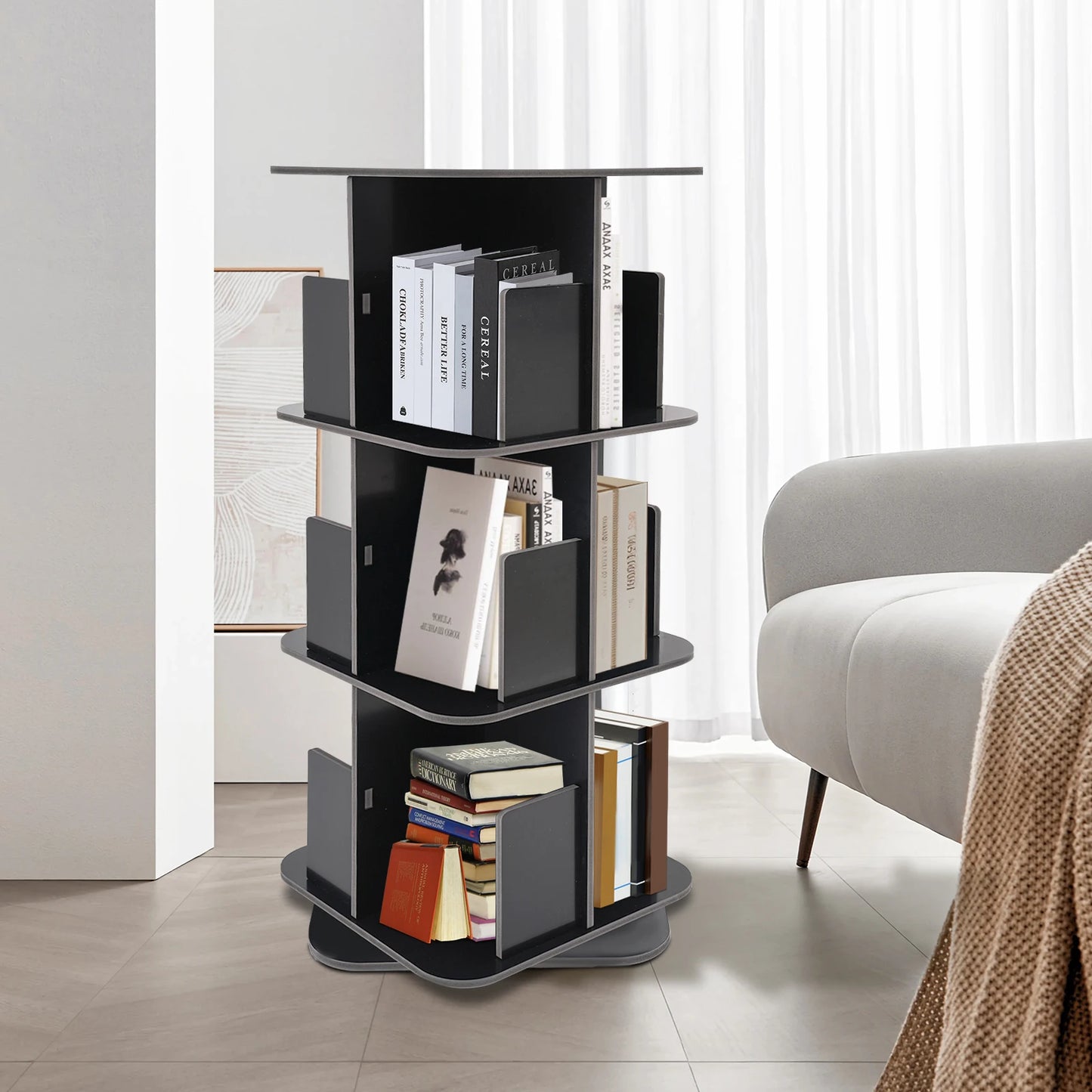 3 Tier Bookcase, 360° Rotating Bookshelf