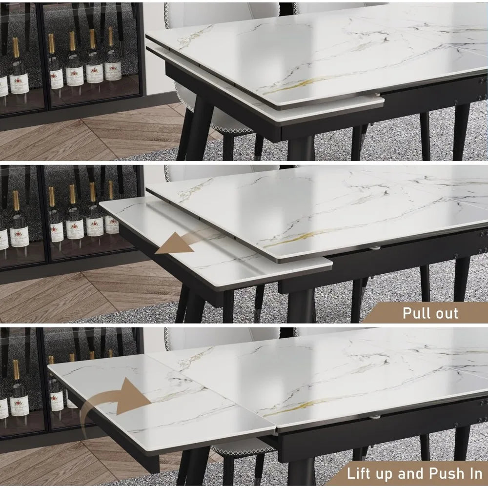 Extendable Dining Table for 4-8, 55"- 78" Rectangular Sintered Stone Dining Room Table, Faux Marble White Kitchen Table for Dini