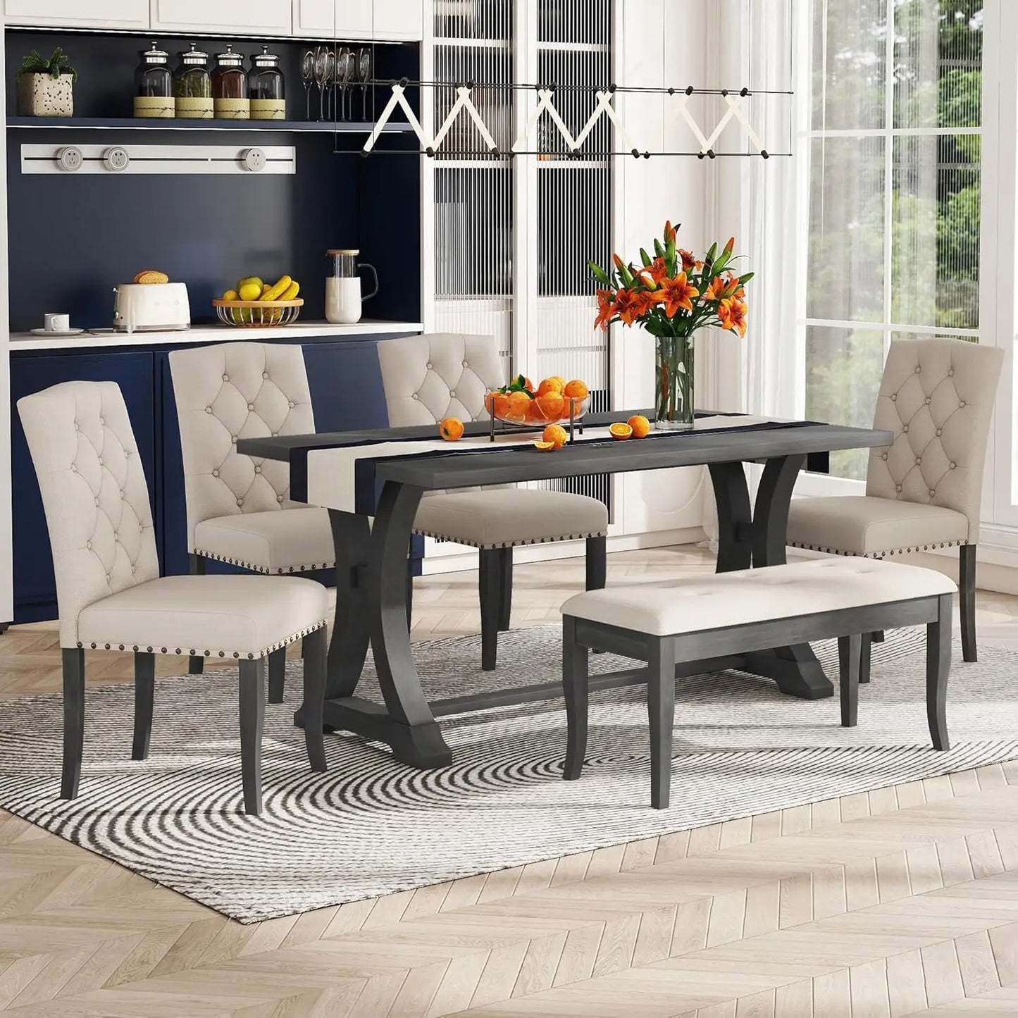 Farmhouse Dining Table Set for 6, Kitchen Table Set with Chairs and Bench, 6 Piece Solid Wood Dining Room Set with Trestle Table