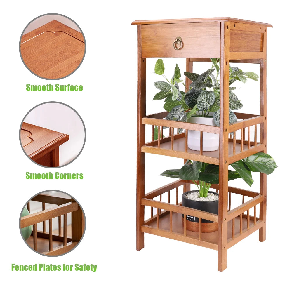 2-Tier Retro Bedside Table Bamboo Sofa Coffee End Table with Drawer Plant Display Storage Shelf Unit