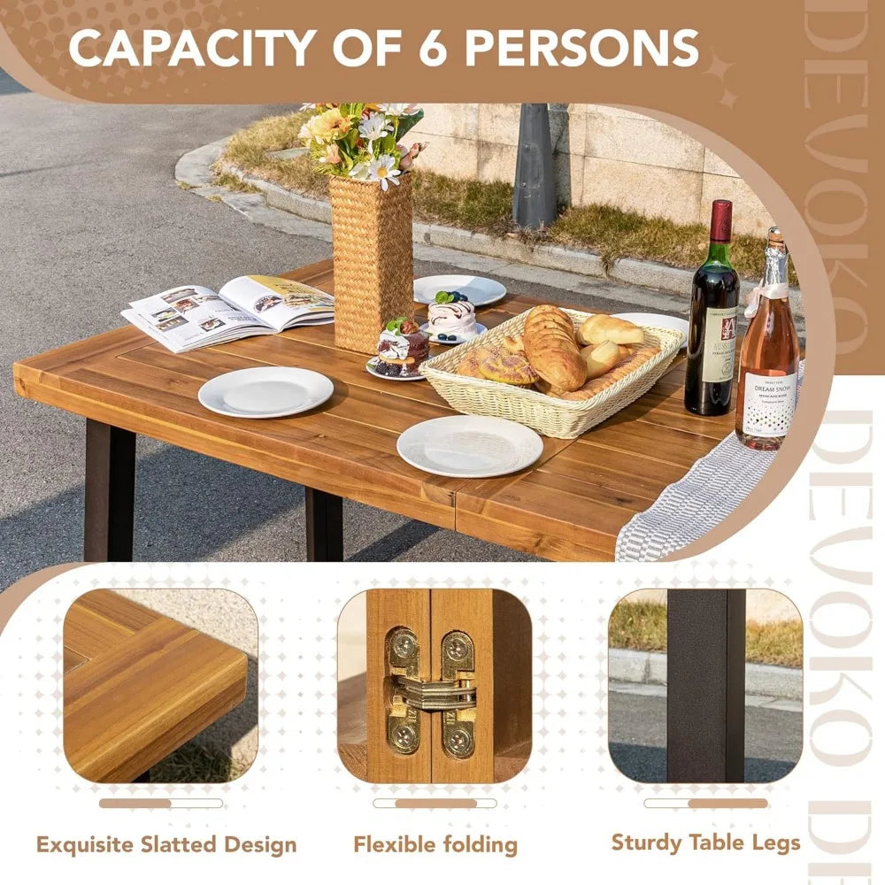 Acacia Wood Dining Table 6-Person Indoor Outdoor Tables with Iron Legs, Sandblast Finish, Natural Stained, Dining Table