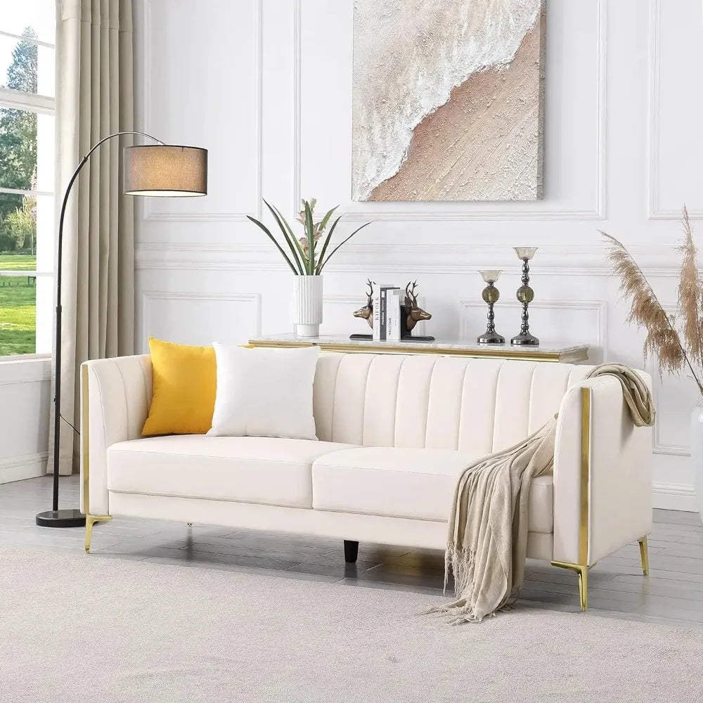 White Couches, Comfy, Faux Leather Sofa 3 Seater, 2 Throw Pillows