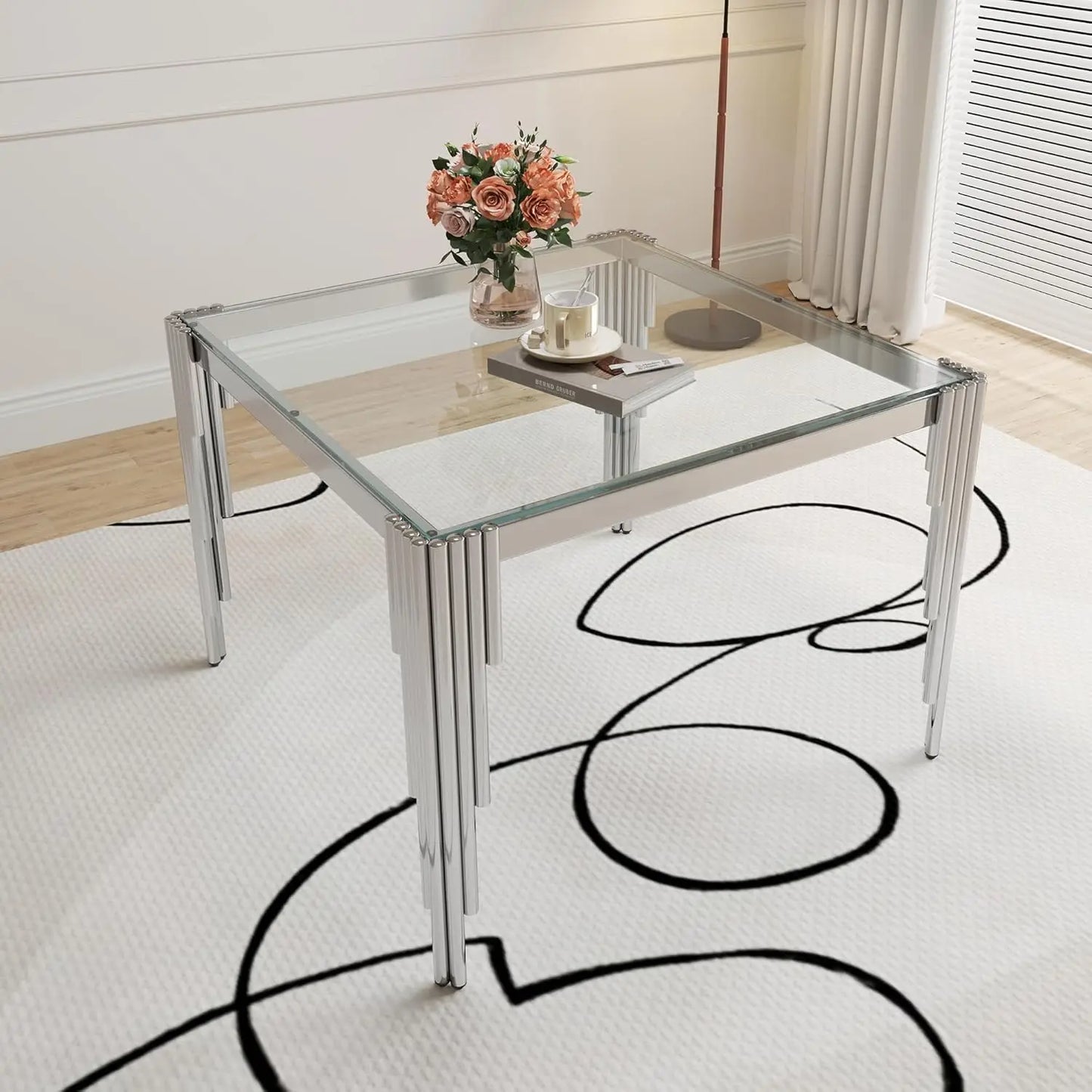 5 Piece Glass Dining Table Set for 4 People, 63" Rectangular Glass Kitchen Table with 4 Velvet Upholstered Chairs, Dining Room