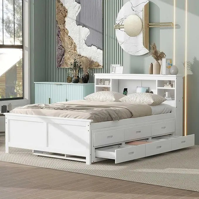 Full & Twin Storage Bed With Bookcase Headboard Wood Platform