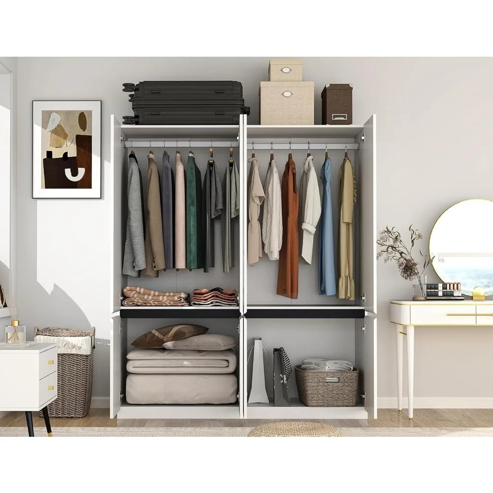 4 Door Wardrobe Cabinet with 2 Hanging Rod and 1 Mirror
