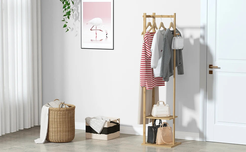 Heavy Duty Bamboo Coat Stand with Hook and Shelves