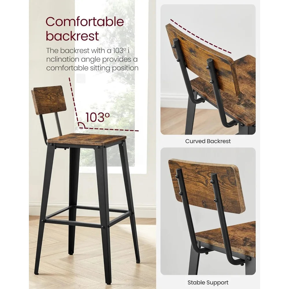 Set of 2 Bar Stools, 29.1 Inches Tall with Back