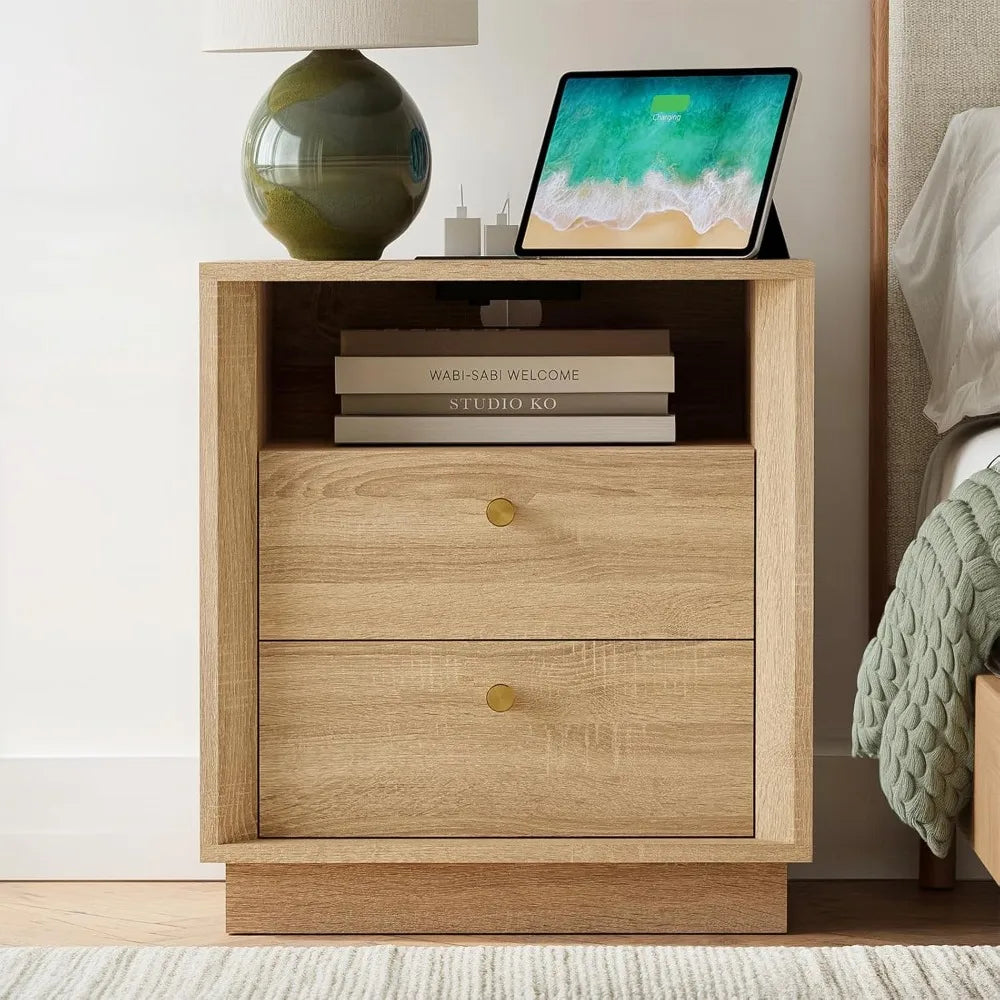 Nightstand Charging Station, Mid Century Modern Nightstand Wood Grain Texture, Boho End Table Drawers Storage