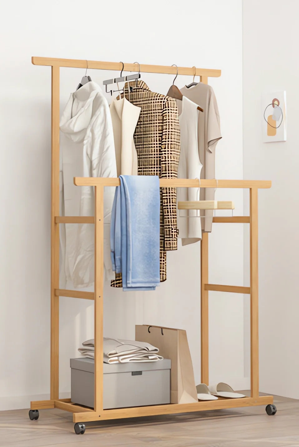 Double Hanging Rails Coat Rack with Storage Shelves