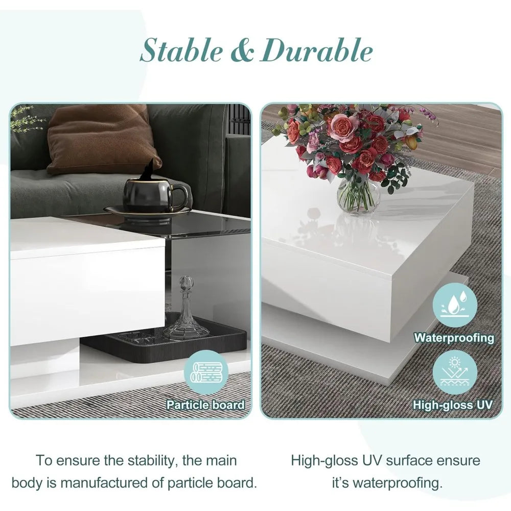 Coffee Table with Tempered Glass, Cocktail Table with High-Gloss UV Surface, Modernist 2-Tier Center Table for Living Room