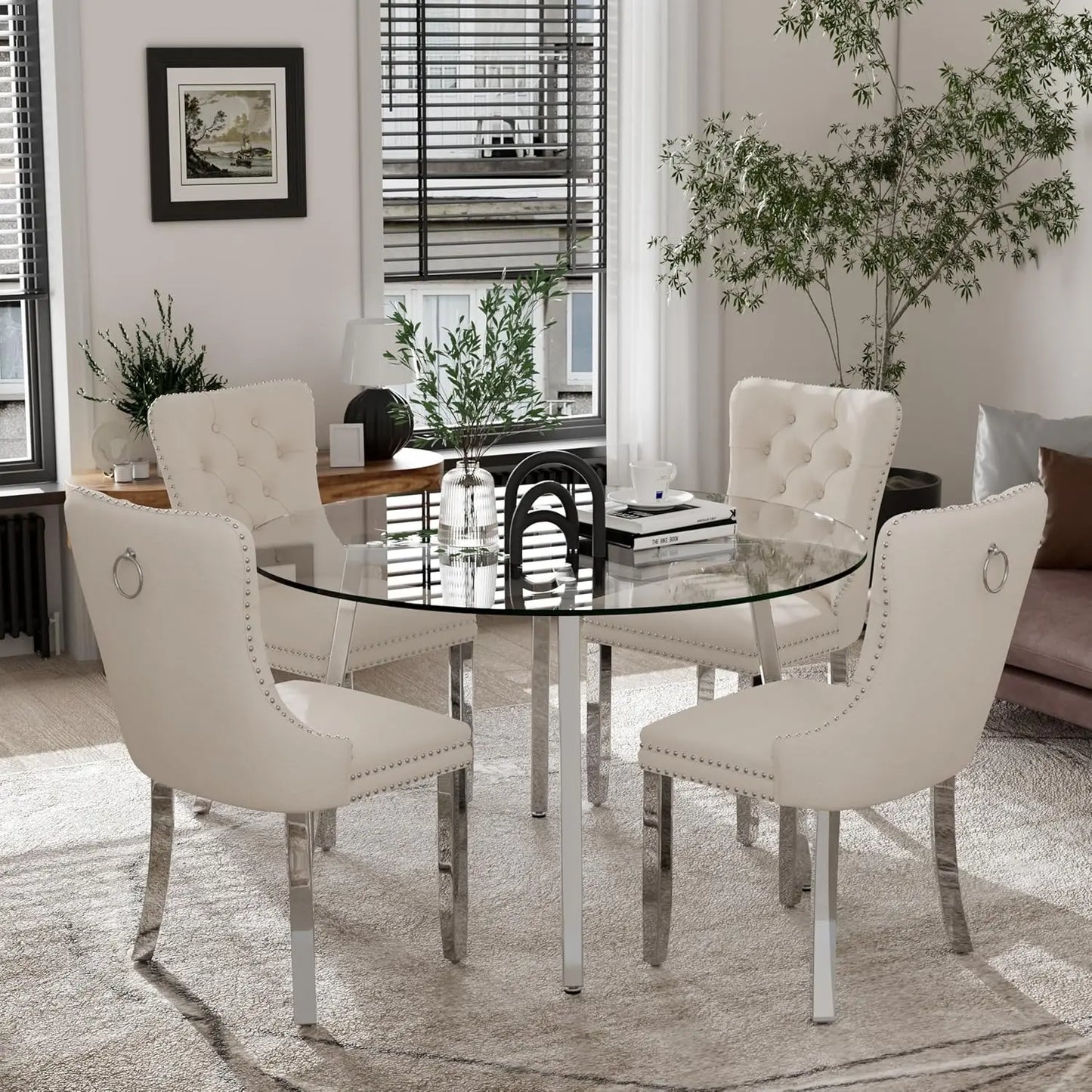 5 Piece Luxury Round Glass Dining Set, Modern Minimalist Circle Kitchen Table Set for 4, 42'' Clear Circular Glass Top Dinner Ro