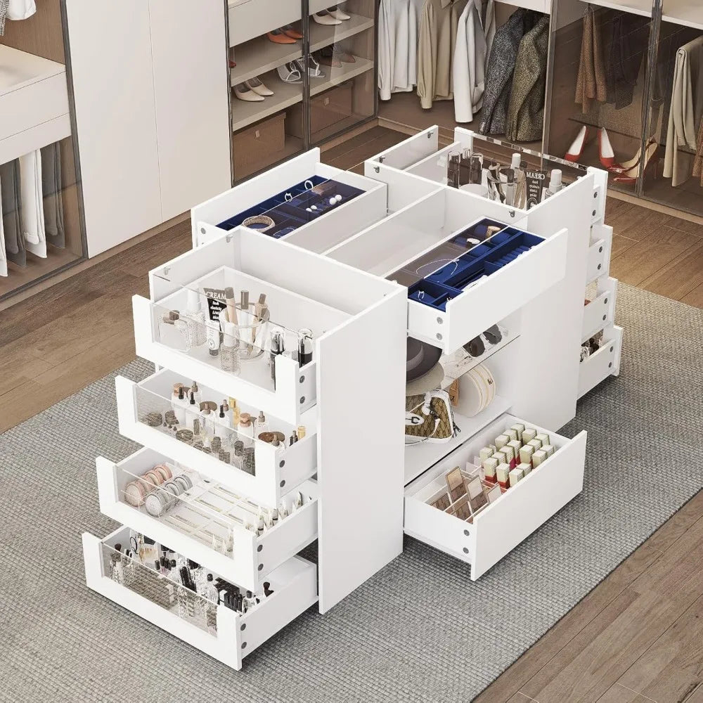 Glass Display Shelf & 12 Drawers, White Dresser with Glass Top