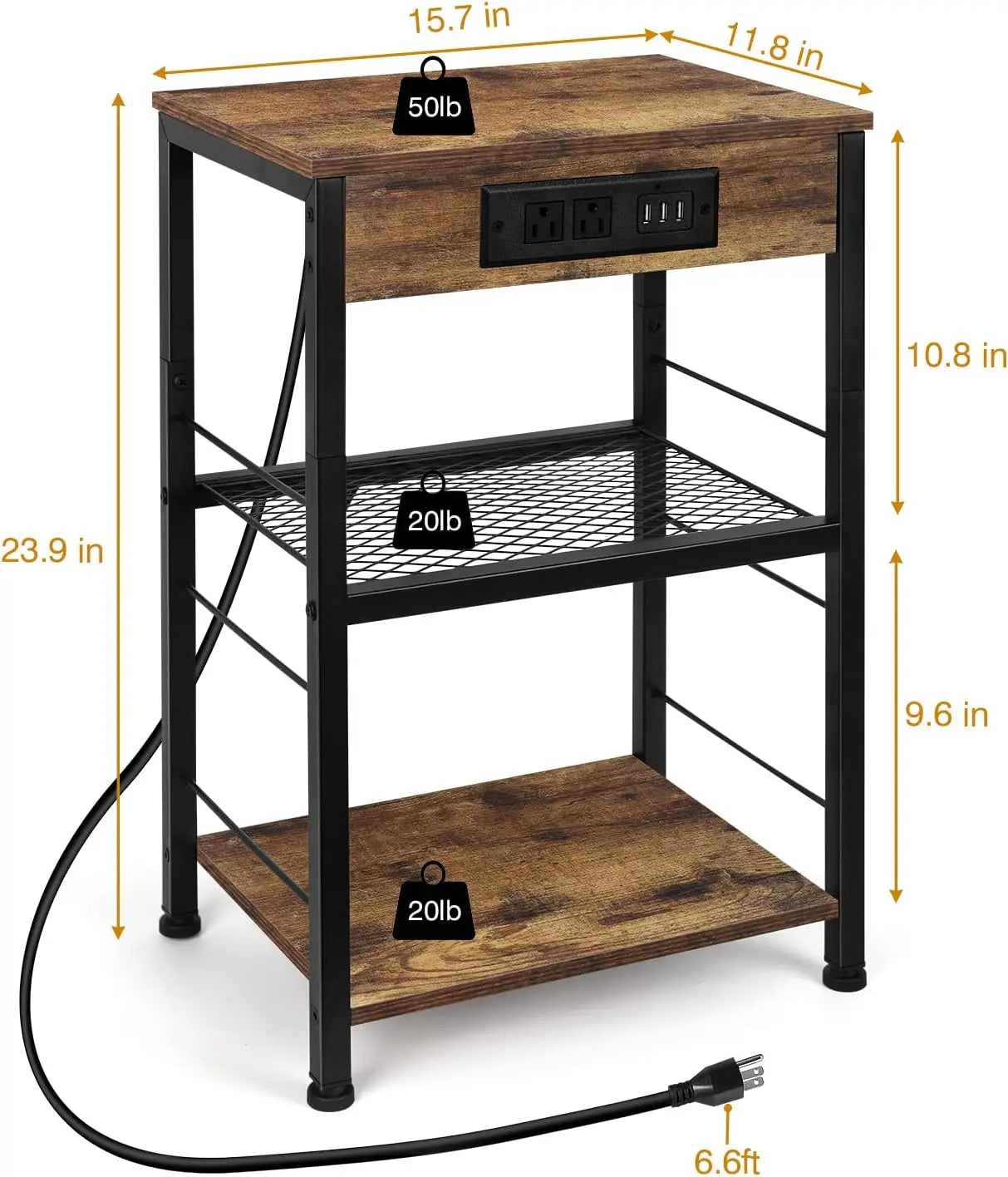 Bedside table with charging station, 3-story side table with USB port and socket, side table with living room with storage rack