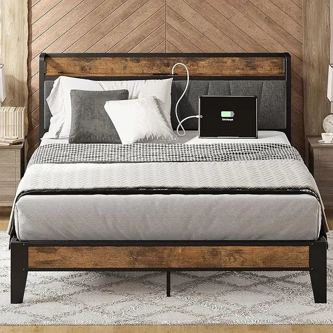 Queen Bed Frame, Storage Headboard with Charging Station