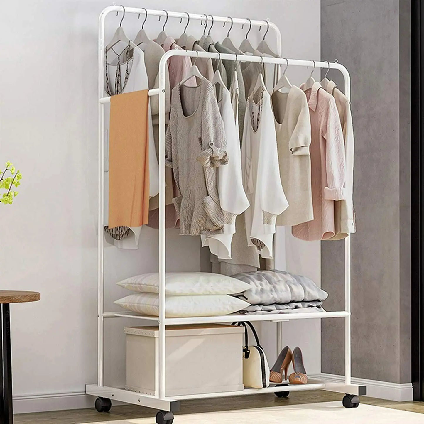 Coat Rack Double Rail Rolling Stand Shoes Rack Storage Shelf