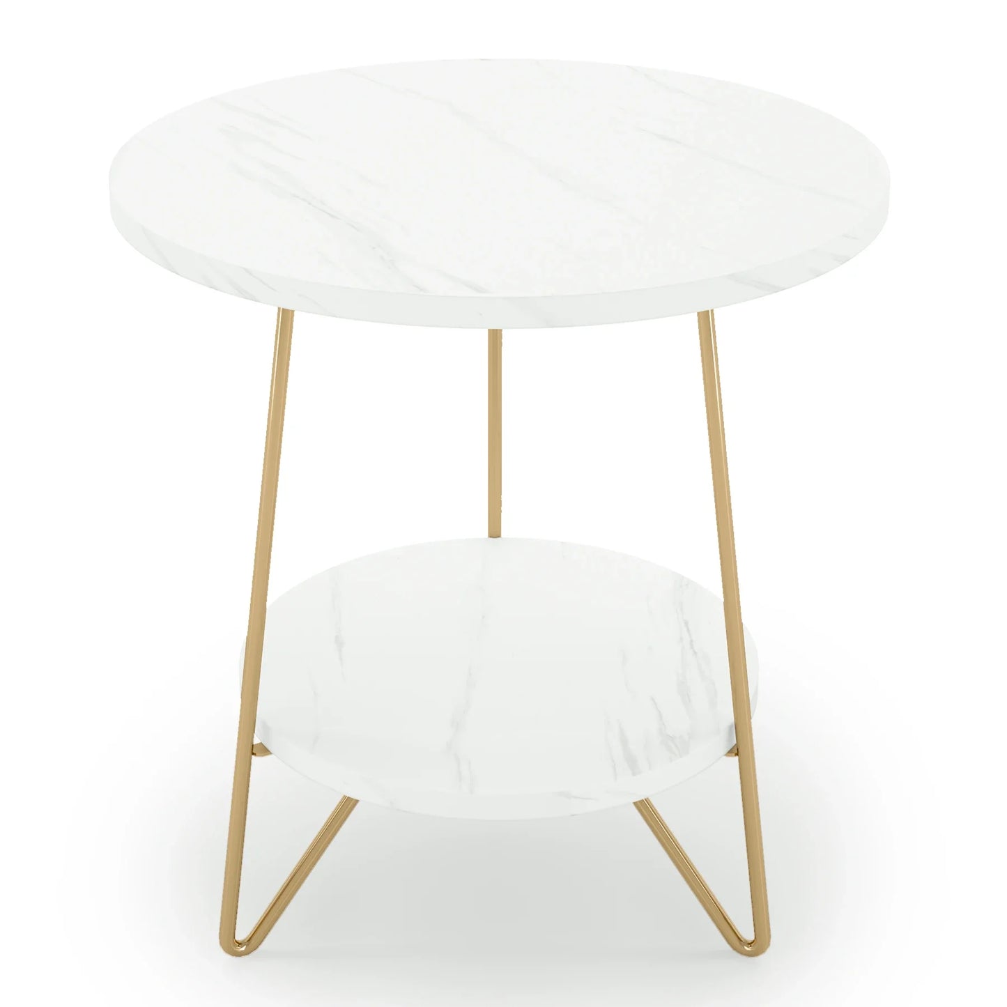 Tribesigns 2 Tier Faux Marble End Table Round Side Table with Shelves Small Coffee Accent Table for Living Room, White and Gold