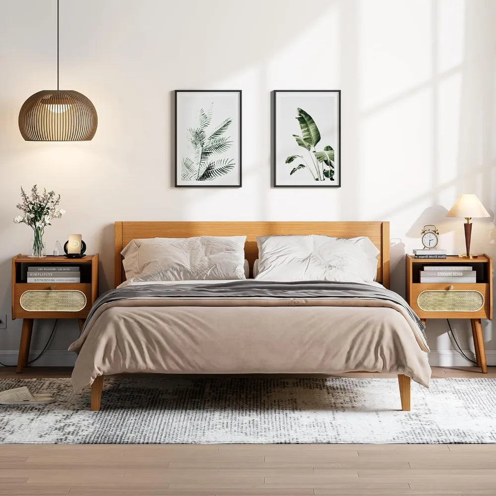 Night Stand Set 2, Mid Century Modern Nightstands,Bedside Table with Charging Station & Rattan Decor Drawer, Boho End Table