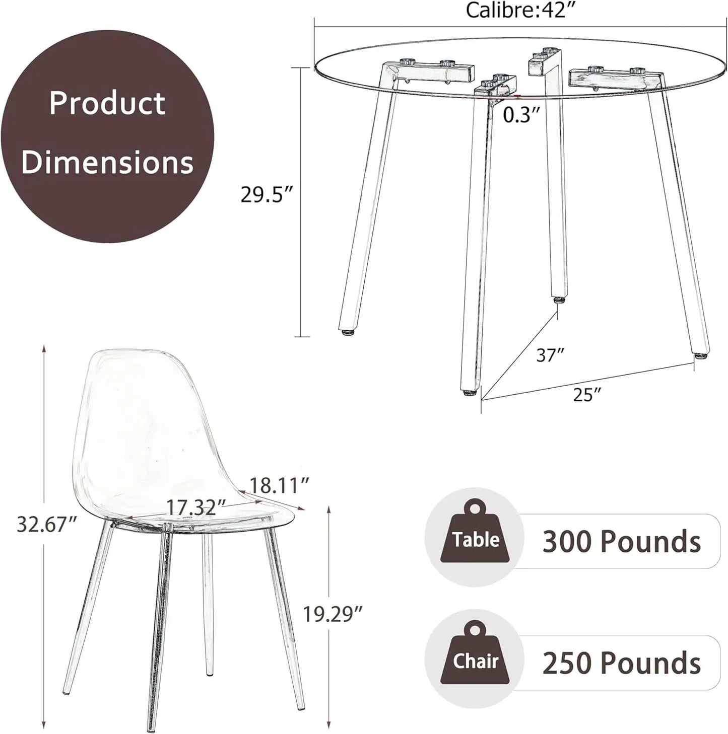 42'' Clear Round Glass Dining Table Set for 4, 5 Piece Circle Dinner Table Set, Modern Circular Kitchen and Chairs Set, Minimali