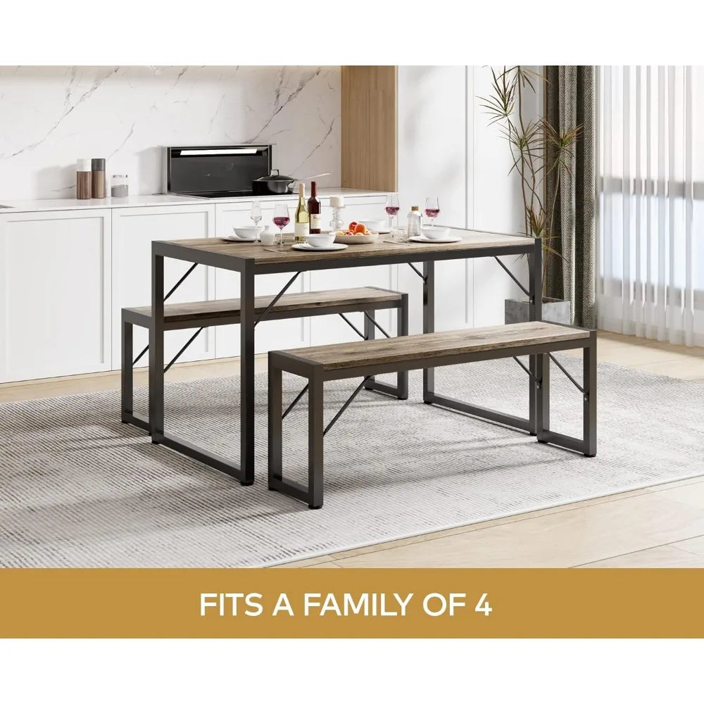 Dining Table Set for 4, with 2 Benches, Dinner Table Set with Metal Frame, Space-Saving Dinette, Dining Room Set