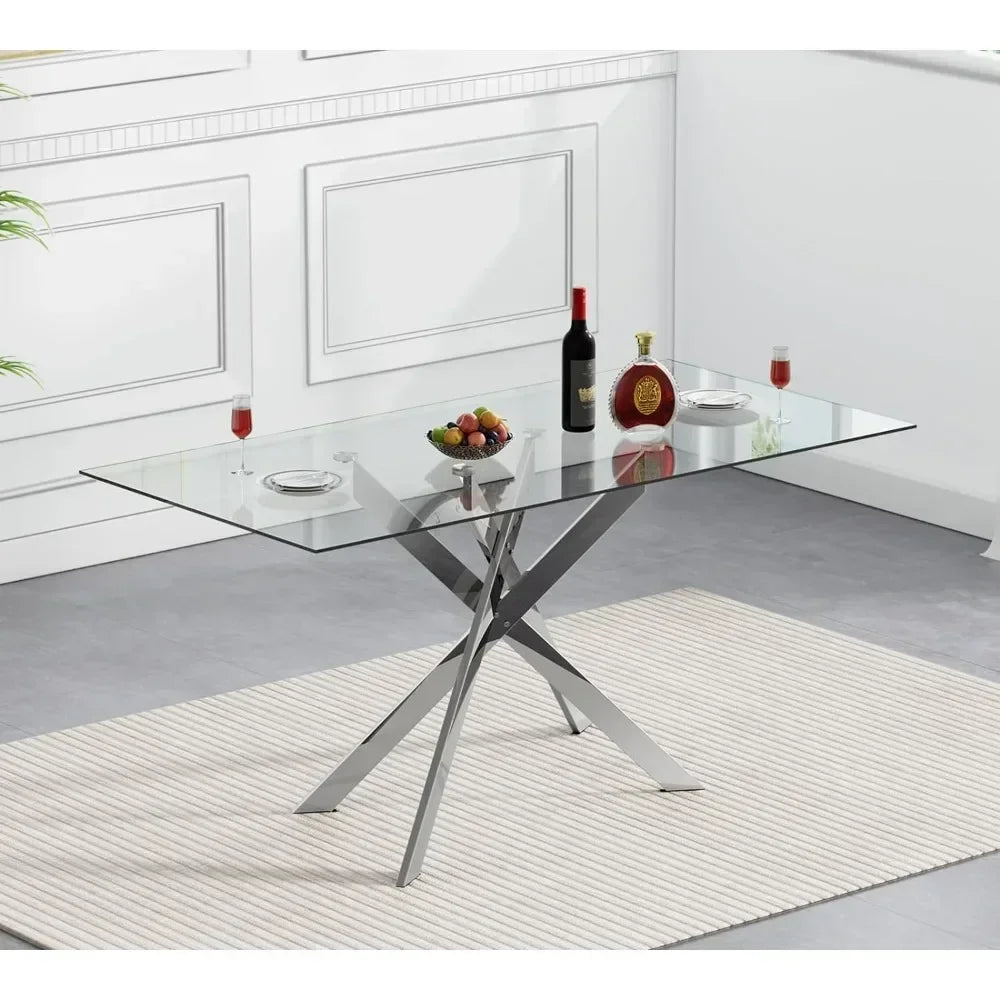 Rectangular Glass Dining Table Kitchen Glass Top Table for 4 with Metal Legs,Dining Table Kitchen Glass Tables for Kitchen